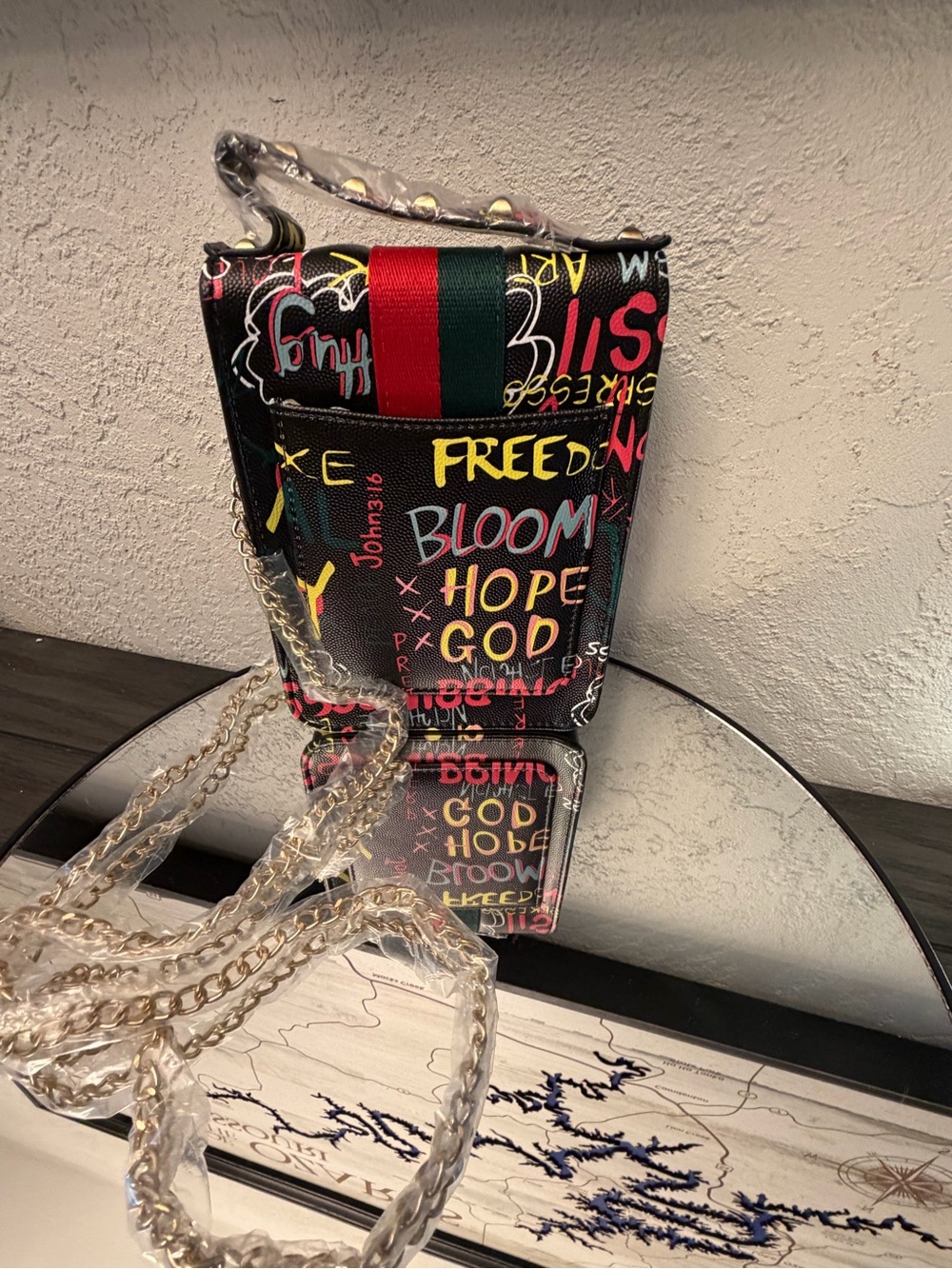 New Black Graffiti Print Crossbody Cellphone Bag with Red & Green Detail